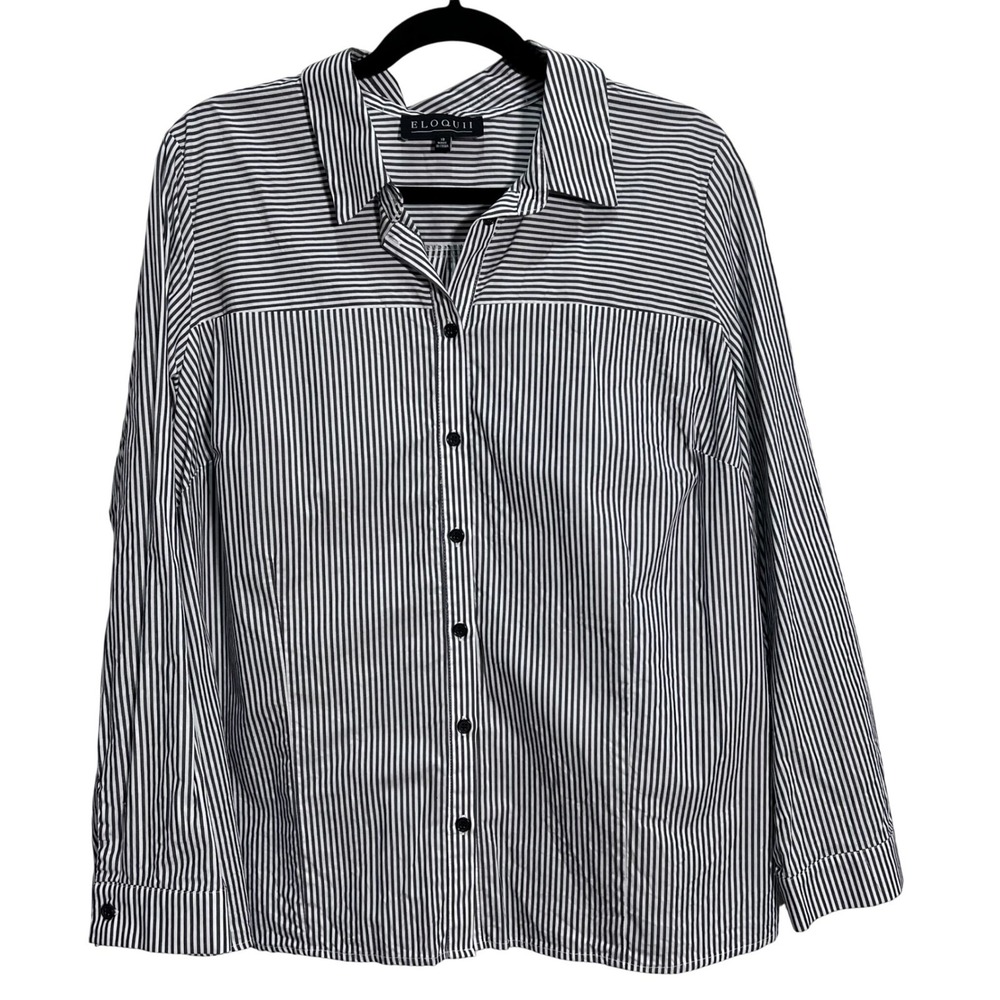 Eloquii Women's Black White Striped Long Sleeve Button Down Shirt Plus Size 18